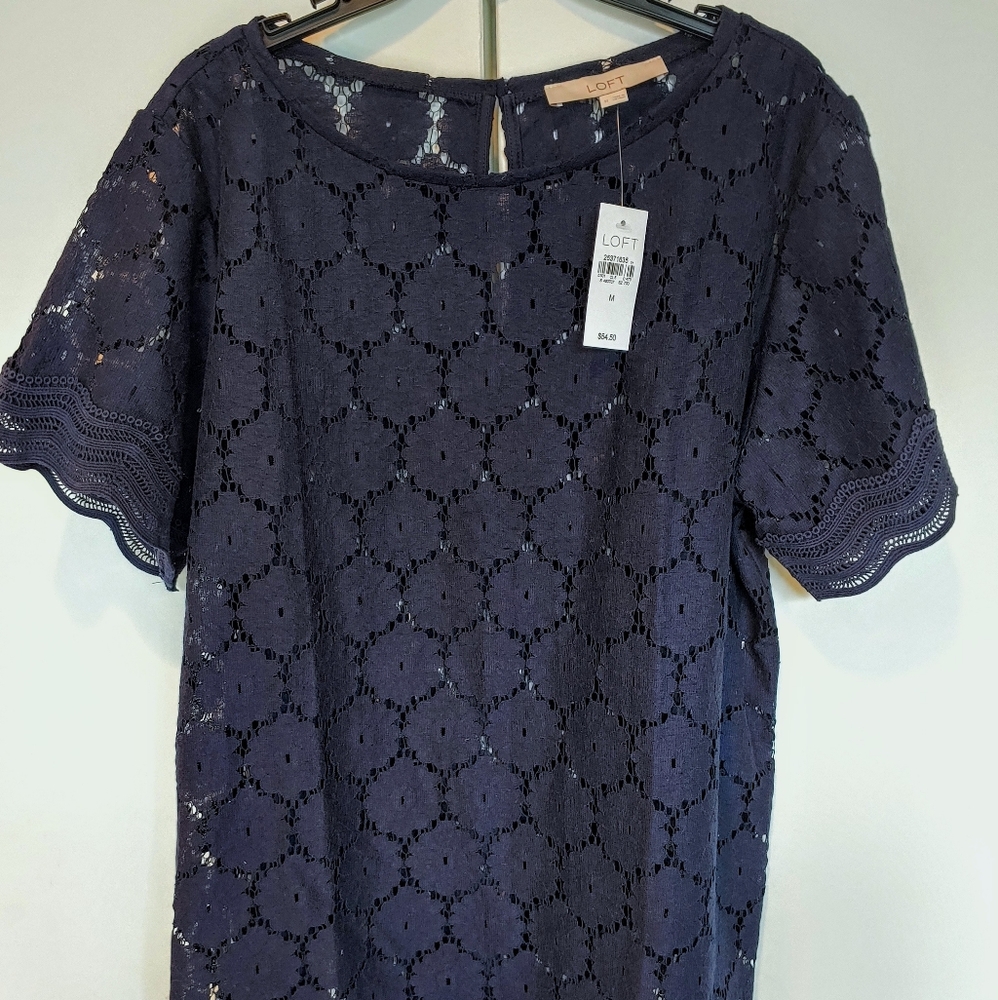 LOFT Navy Blue Lace Top Generously Cut Sz Med
